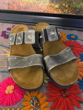 Naot Metallic Silver Two-Strap Slide Sandals, no signs of wear